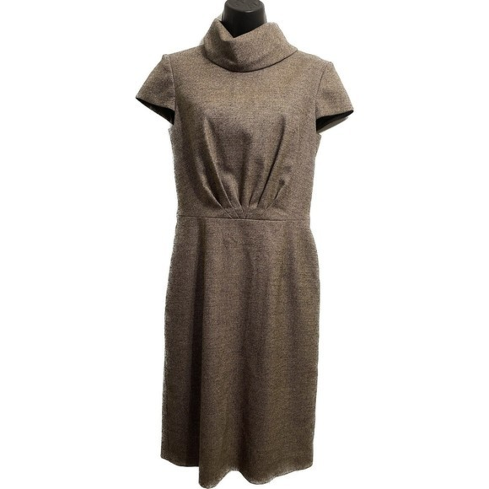 Escada Brown Silver Wool Blend Lined Cowl Neck Midi Length Dress Sz US …‎